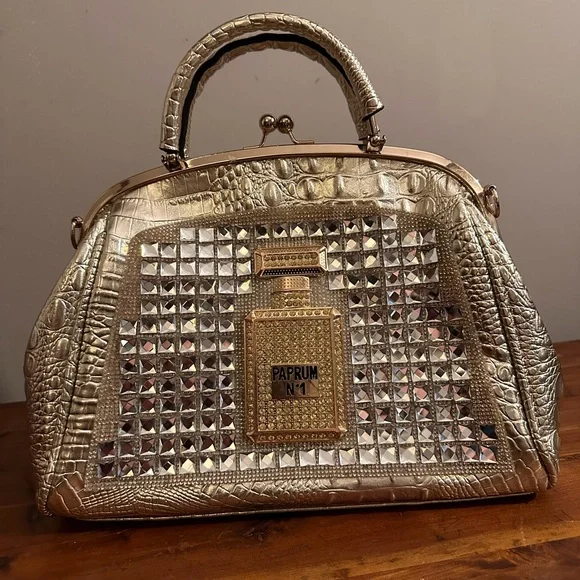 Gold Croc-Embossed Satchel - Picture 1 of 7